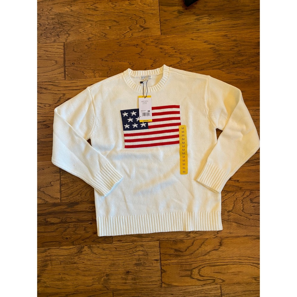 Mighty Fine American Flag Knit Sweater Cream Mens Medium Patriotic USA Pullover